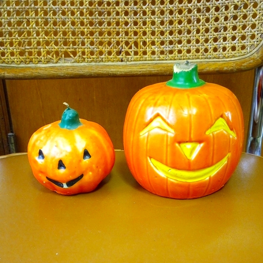 Vintage Jack O Lantern Halloween Candles.  Orange & Green Pumpkins, As Is